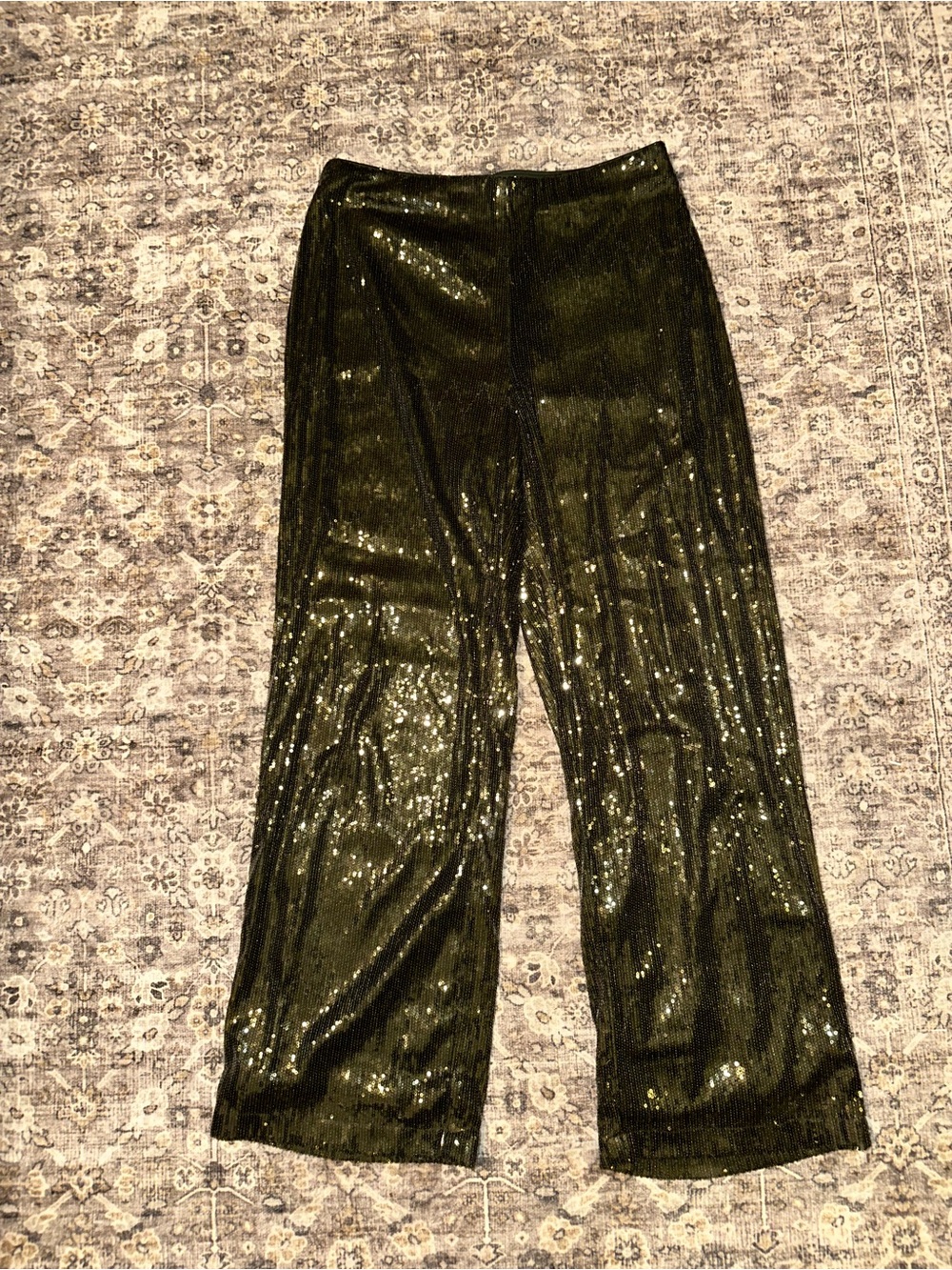 Dark Green Sequin Wide-Leg Pants